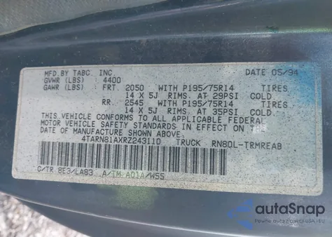 1994 Toyota Pickup 1/2 Ton Short Whlbase Stb из США, поврежденный, VIN 4TARN81AXRZ243110